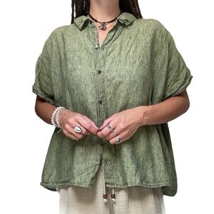 Eileen Fisher Washed Organic Linen Delave Button Down Boxy Blouse Shirt Plus 3X